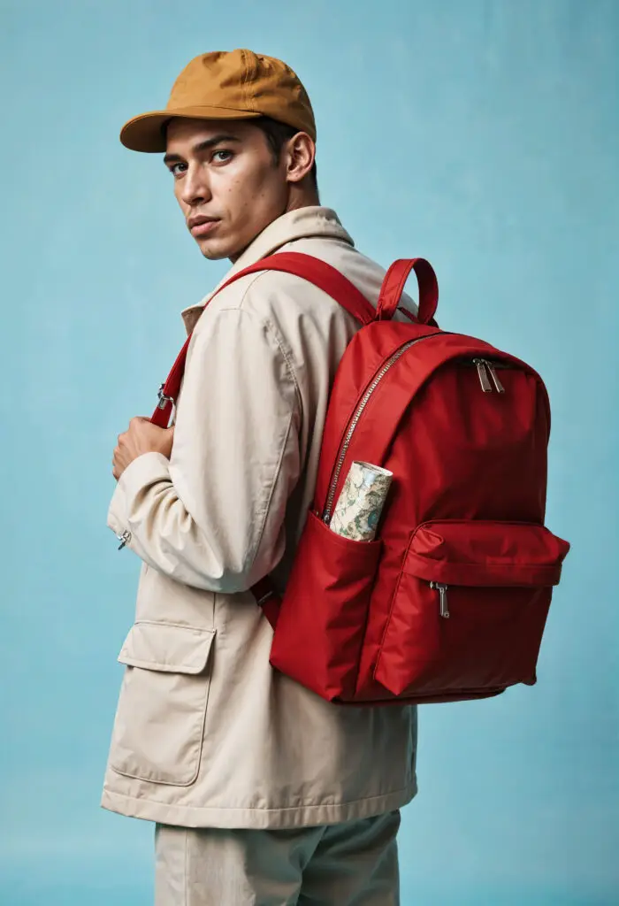 Navigationpaths.com | About Us A young man wearing a tan cap and light-colored jacket looks over his shoulder while carrying a bright red backpack with a rolled-up map in the side pocket, standing against a light blue background.